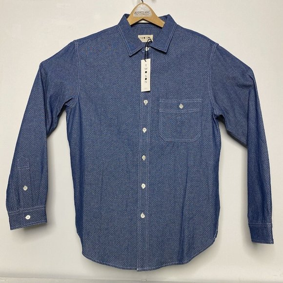 NWT TWO SON Mens Blue Denim White Speckled L/S Cotton Button Down Large L - Picture 1 of 6